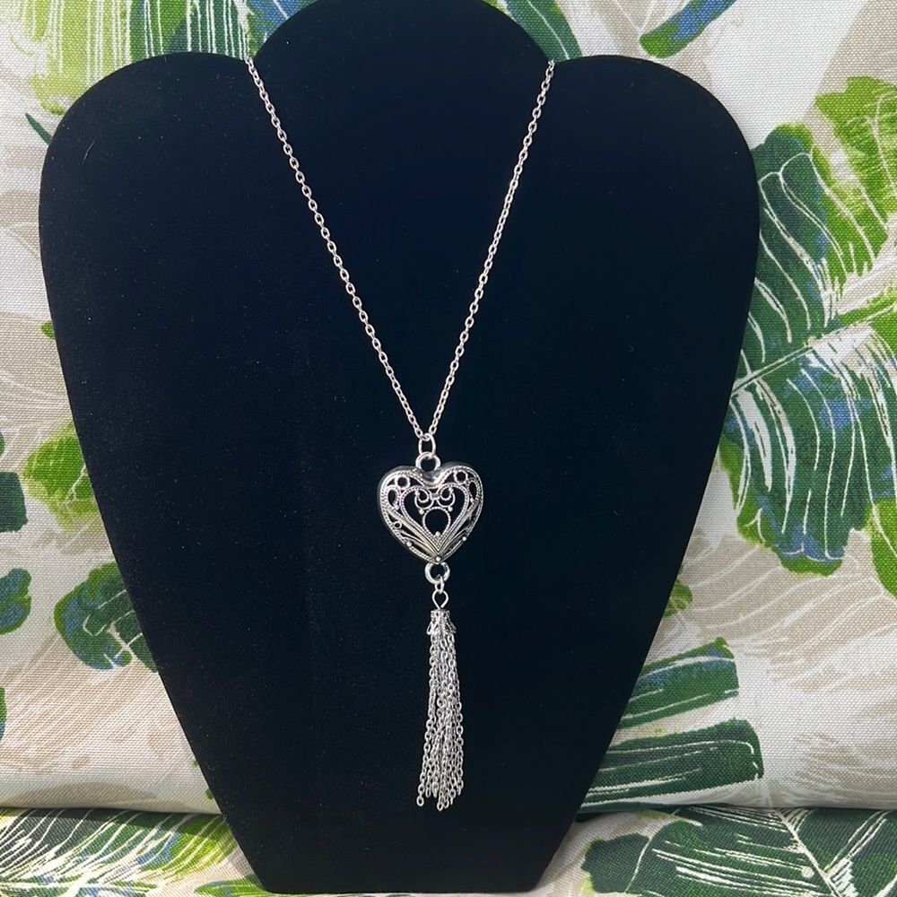 Handcrafted Silver tone 32 inch  necklace with heart and tassel charm-